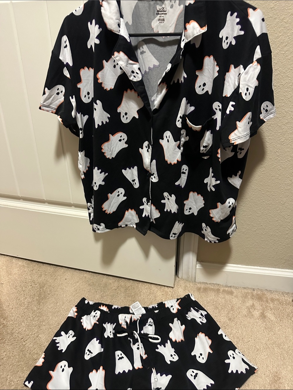 Womens Black Ghost Print Pajama Set - Short Sleeve Top & Shorts